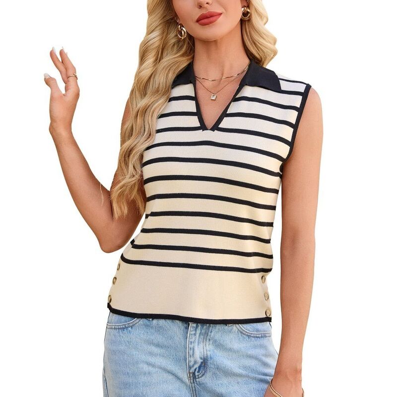 イエスファッション レディース アウター ニット・セーター ポロシャツ ノースリーブ コントラスト Yesfashion Womens Casual Sleeveless Polo Top Stripe Contrast Collar Side Button Knitop for Daily Work Office Apricot アプリコット｜ReVida 店