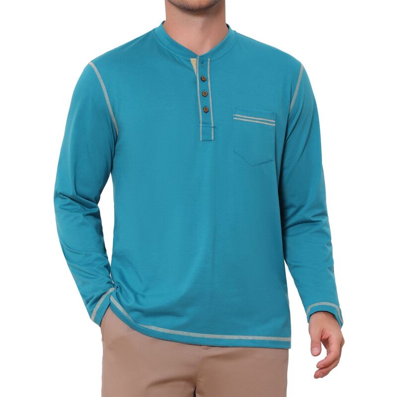 インスパイア シック レディース トップス Tシャツ INSPIRE CHIC Men's Henley Shirts Long Sleeve Chest Pocket Casual Basic Tee Shirt Blue ブルー｜ReVida 店