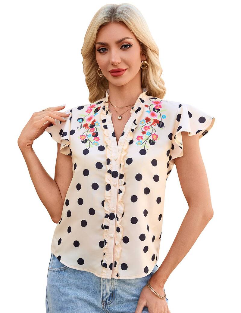 エリートチョイス レディース トップス シャツ フリル裾 Vネック フリル ブラウス Elitechoice Women'short Sleeve Blouse V-Neck Casual Flowy Ruffle Hem Summer Shirt Polka Dots|ReVida 店
