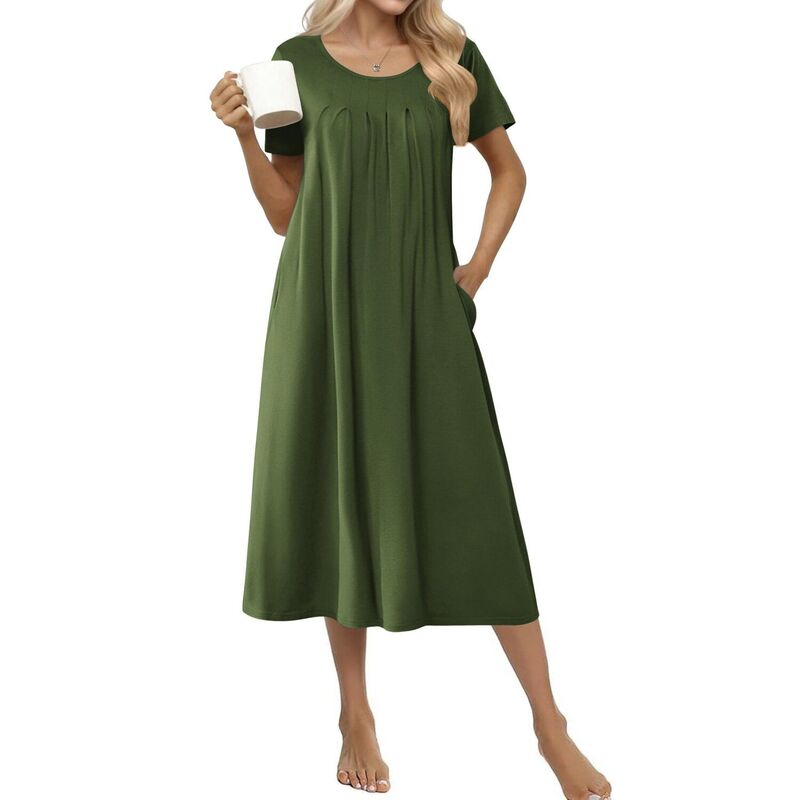 エコアー レディース アンダーウェア ナイトウェア コットン Ekouaer Cottonightgowns for Women Long House Dresses with Pockets Night Gownshort Sleeve Army Green グリーン｜ReVida 店