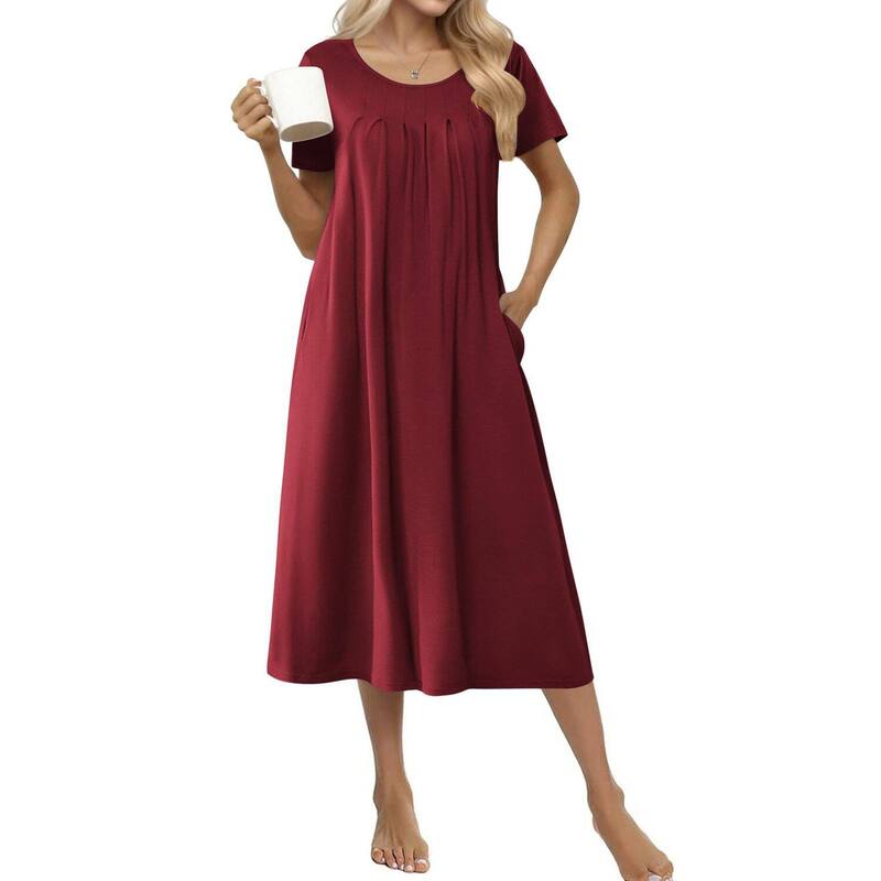 エコアー レディース アンダーウェア ナイトウェア コットン Ekouaer Cottonightgowns for Women Long House Dresses with Pockets Night Gownshort Sleeve Wine Red レッド｜ReVida 店