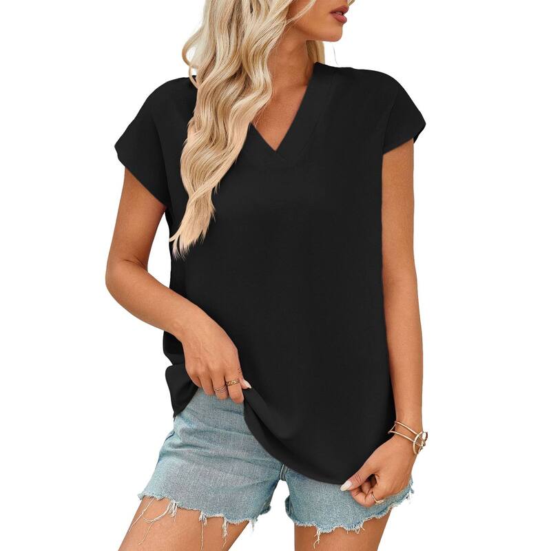 エリートスピリット レディース トップス シャツ Vネック サテン ブラウス EliteSpirit Women's Dolman Short Sleeve Summer Boho Shirt Casual V Neck Satin Blouse Loose Fit Softop Black ブラック|ReVida 店
