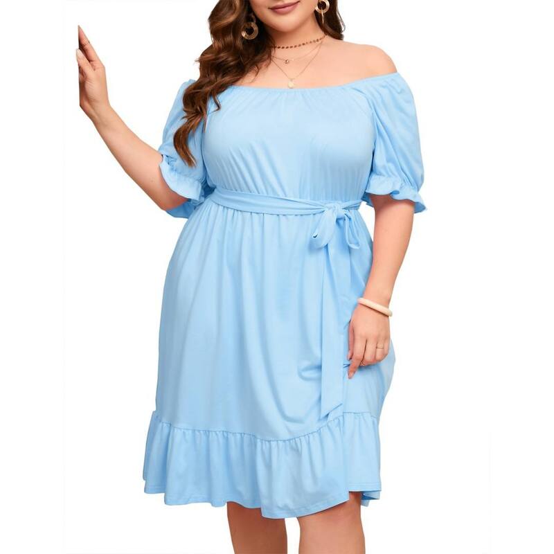 イエスファッション レディース トップス ワンピース プラスサイズ フリル Yesfashion Women's Plusize Dresses Casual Off The Shoulderuffle Short Sleeve Fashion Beach Vacation Dress Blue ブルー|ReVida 店