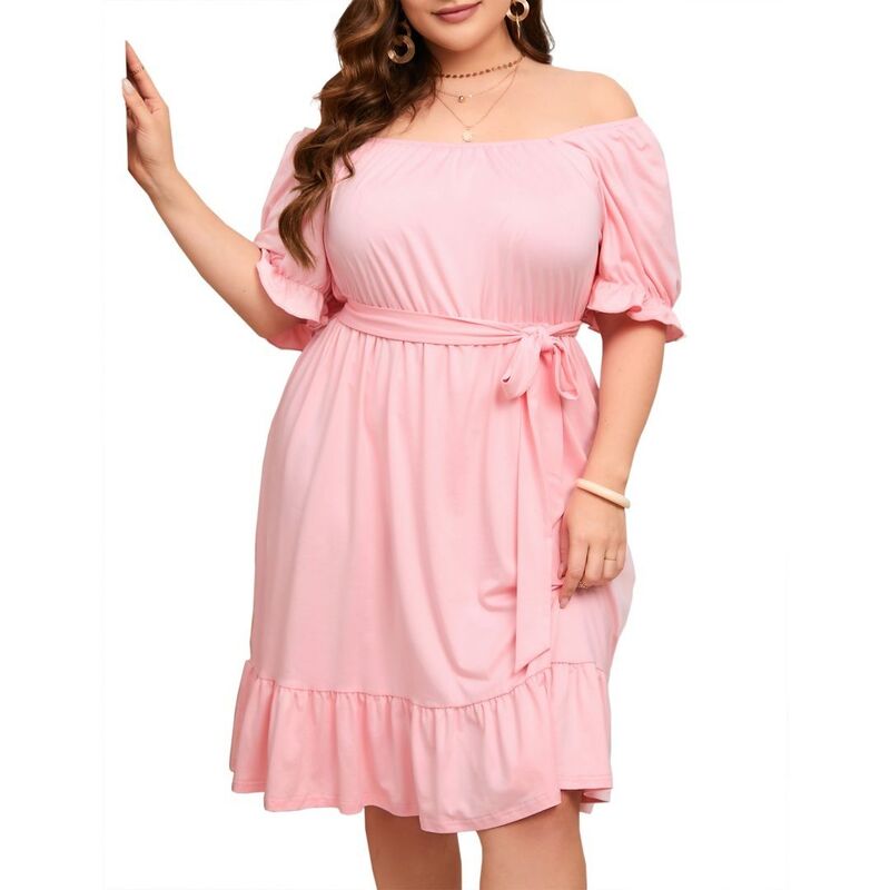 イエスファッション レディース トップス ワンピース プラスサイズ フリル Yesfashion Women's Plusize Dresses Casual Off The Shoulderuffle Short Sleeve Fashion Beach Vacation Dress Pink ピンク｜ReVida 店