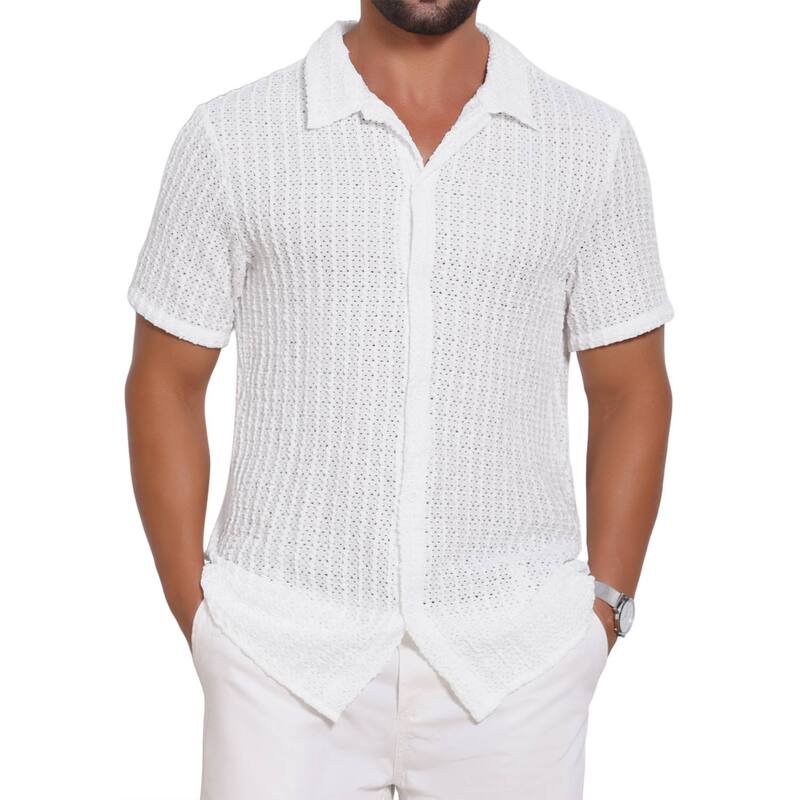 インスパイア シック レディース トップス Tシャツ ニット INSPIRE CHIC Men's Texture Shirtshort Sleeve Hollow Out Casual Knitted Shirt White ホワイト｜ReVida 店