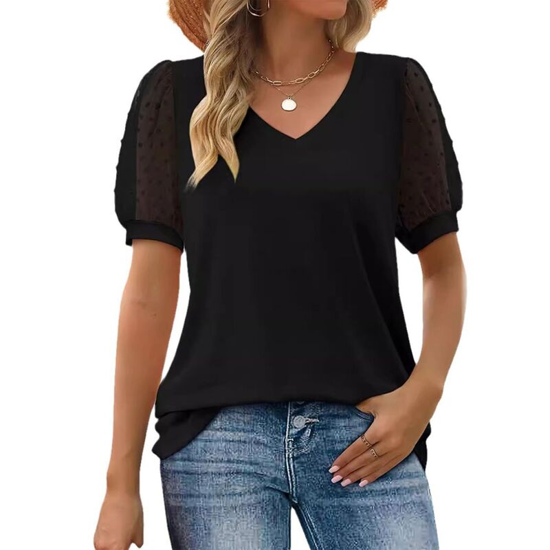 クリアフラワー レディース トップス シャツ Vネック メッシュ ブラウス ClearFlower Women's V-Neck Mesh Swiss Dot Puff Short Sleeve Loose Fit-Shirt Summer Casual Softop Boho Blouse Black ブラック|ReVida 店