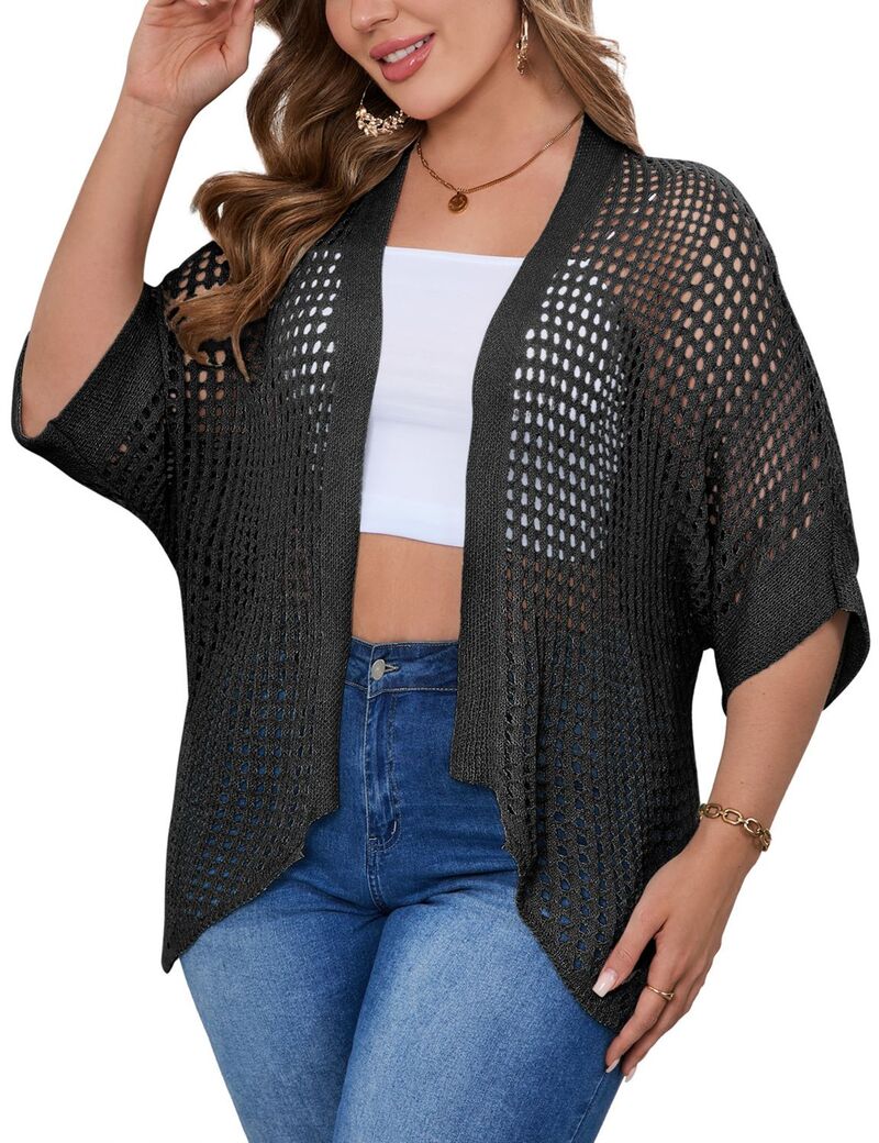 マキシスマーチ レディース アウター 編み物・スウェーター 足し加える大きさ メッシュ シアー ジレー Maxxis Merch Plusize Mesh Cardigan for Women Loose Fit 3/4 Sleeve Sheer Cover Up Black 黒いこと