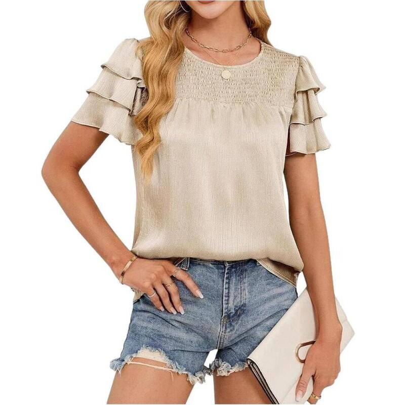 ボディサイズ レディース トップス シャツ スリムフィット フリル BODDYSIZE Womensummer Tops Ruffle Short Sleeve T Shirts Casual Slim Fit Apricot アプリコット｜ReVida 店