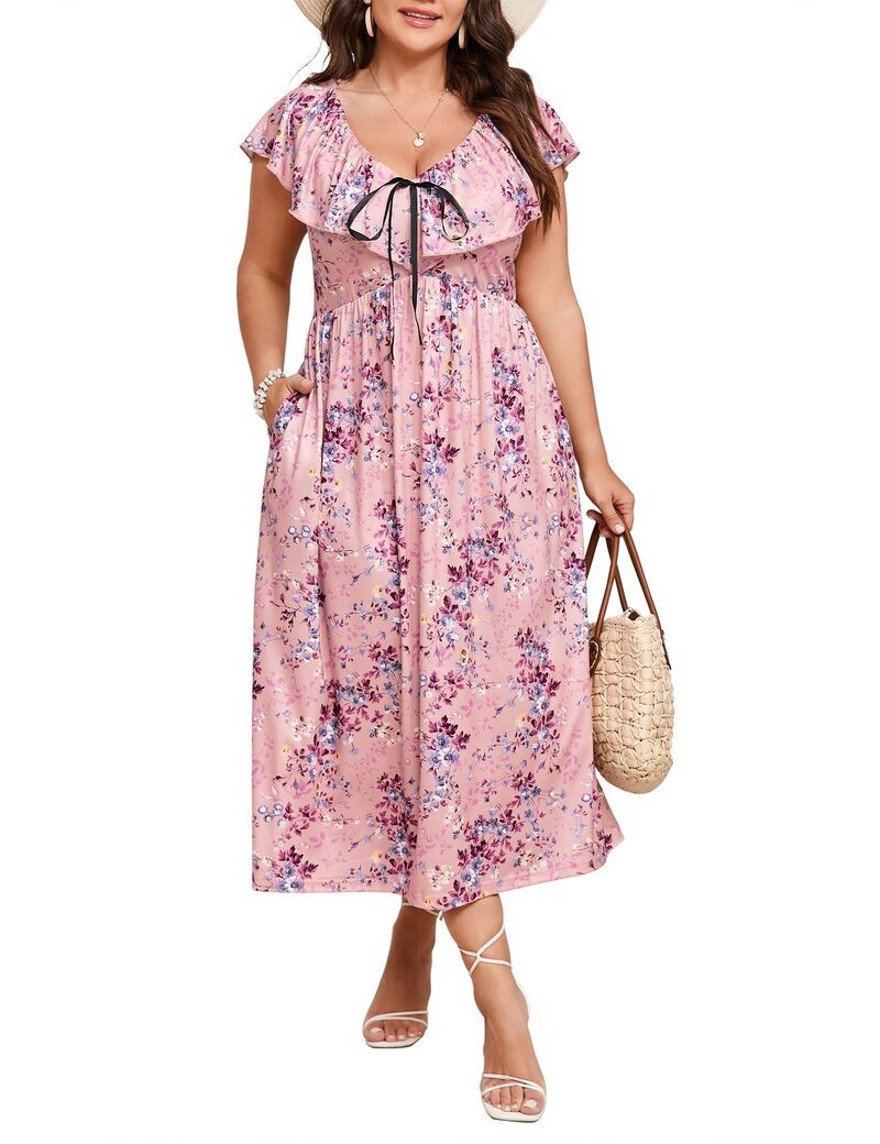 ファンジュライ レディース トップス ワンピース フラワー柄 プラスサイズ ミディ フラワー FUNJULY Women's Plusize Floral Midi Dress Casual Boho Dress Pink ピンク｜ReVida 店