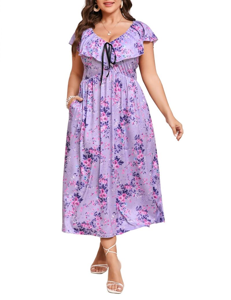ファンジュライ レディース トップス ワンピース フラワー柄 プラスサイズ ミディ フラワー FUNJULY Women's Plusize Floral Midi Dress Casual Boho Dress Purple パープル｜ReVida 店 8,266円