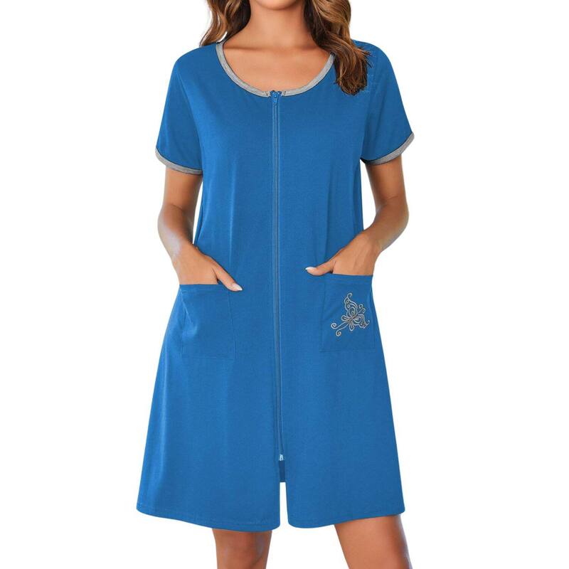 エコアー レディース アンダーウェア ナイトウェア コート Ekouaer Women Zipper Front House Coat Short Sleeves Robe Zip Up Bathrobeshort Nightgown Deep Sky Blue ブルー｜ReVida 店