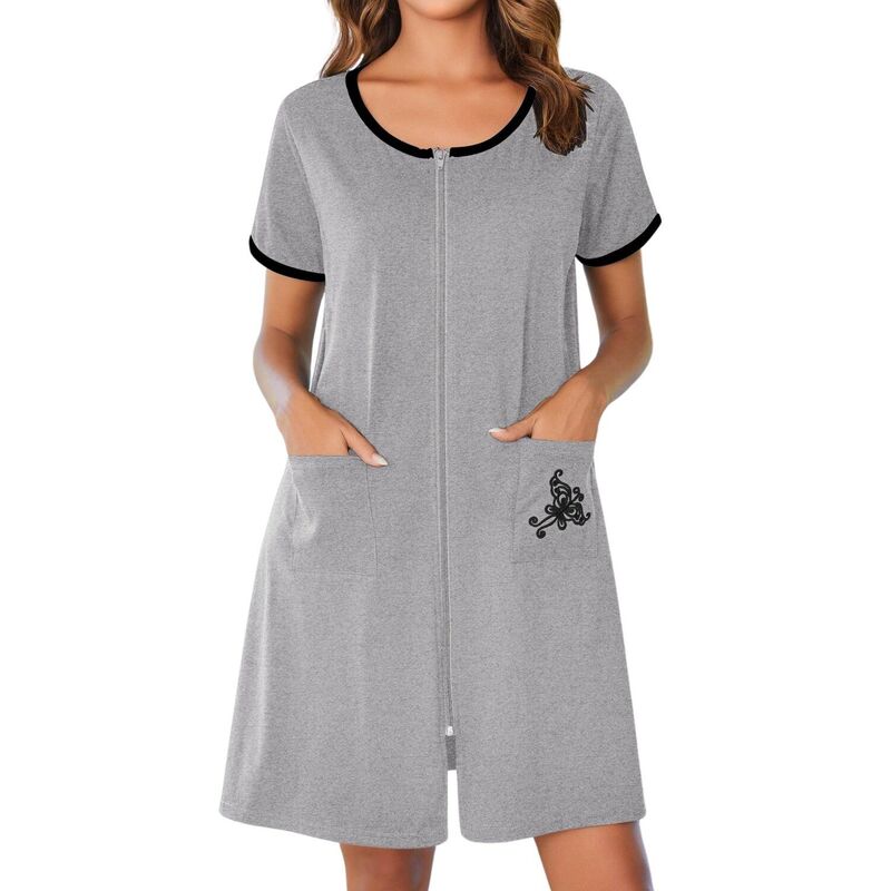 エコアー レディース アンダーお召しもの ナイト爵お召しもの 厚地の外套 Ekouaer Women Zipper Front House Coat Short Sleeves Robe Zip Up Bathrobeshort Nightgown Light Gray 薄墨色