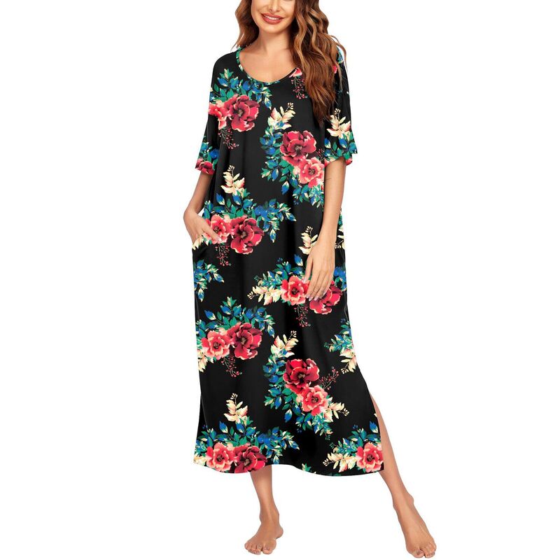 エコアー レディース アンダーウェア ナイトウェア プラスサイズ Ekouaer Long Nightgown for Women Short Sleeve Sleepwear Plusize Loungewear with Pockets Black Print ブラック|ReVida 店