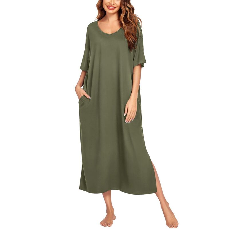エコアー レディース アンダーウェア ナイトウェア プラスサイズ Ekouaer Long Nightgown for Women Short Sleeve Sleepwear Plusize Loungewear with Pockets Olive Lime Silver ライム|ReVida 店