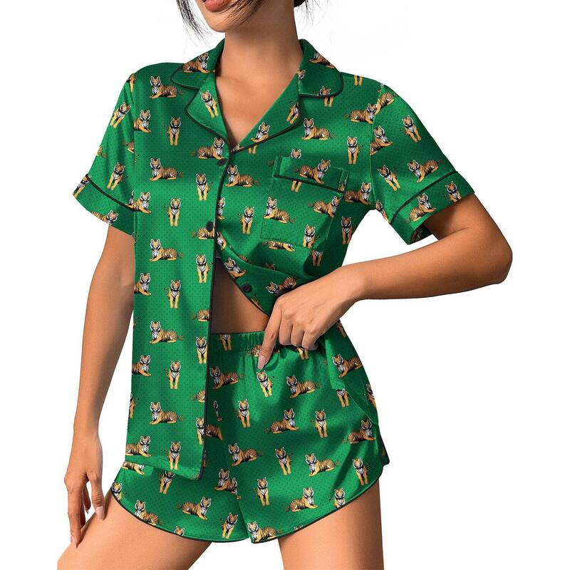 エコアー レディース アンダーウェア ナイトウェア ボタンダウン プリント ショートパンツ ダウン Ekouaer Womens Pajama Set Print Short Sleeve Sleepwear Button Down Pjshortsetiger アニマル|ReVida 店