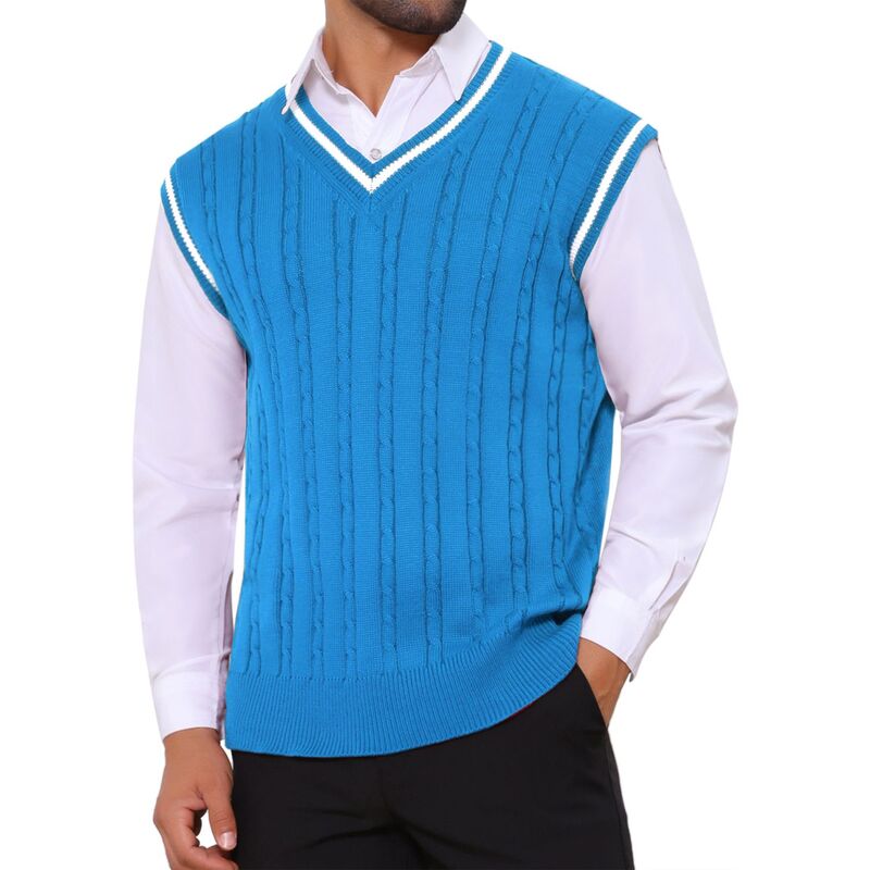 インスパイア シック レディース アウター ニット・セーター Vネック ベスト ノースリーブ INSPIRE CHIC Men'solid Color V-Neck Sleeveless Cable Knitted Sweater Vest Blue ブルー|ReVida 店