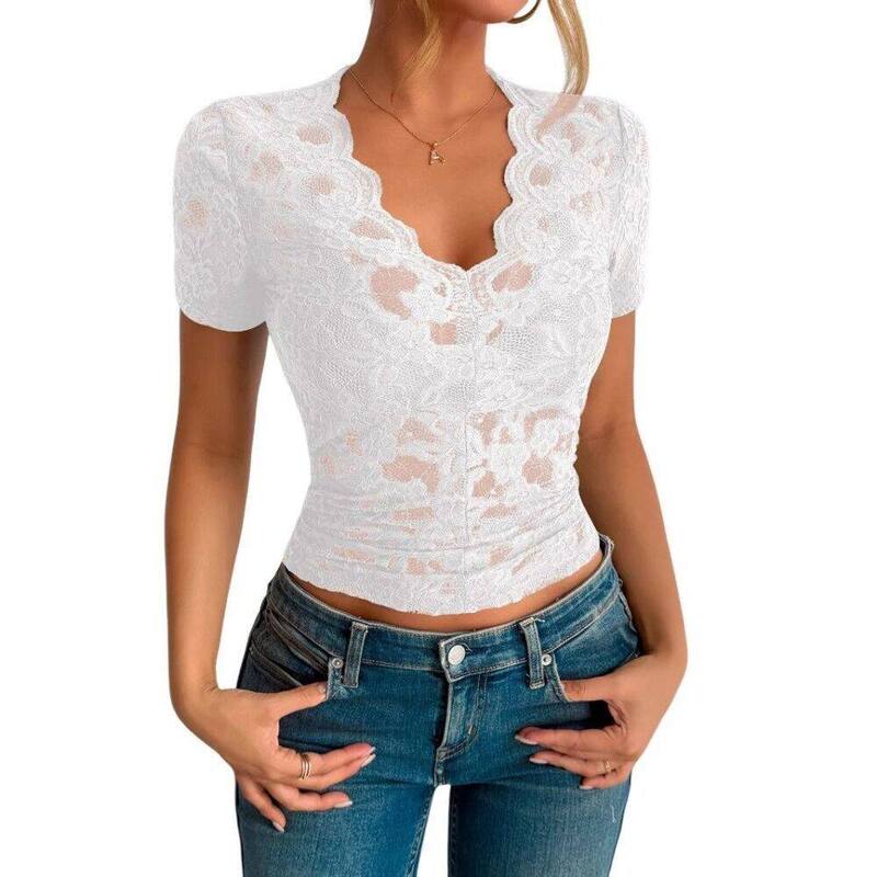 イエスファッション レディース トップス Tシャツ フラワー柄 シアー ブラウス レース フラワー Yesfashion Womens Floralace Sheer Topshort Sleeve See Through Blouse Causal Elegant Fit Summer Tee Shirts White Lace ホワイト|ReVida 店
