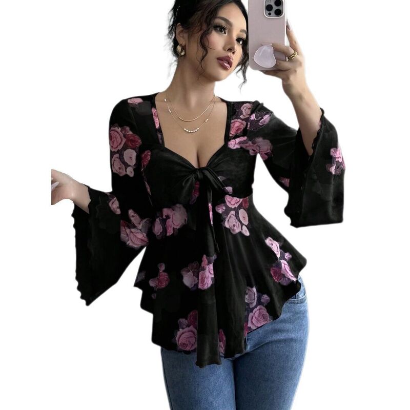 救世主流行り物 レディース トップス プルオーバー 御花柄 メッシュ トップ 御花 Yesfashion Women\u0027s Floralong Sleeve Tie Front Hanky Hemesh Blouse Tops Black 黒いこと