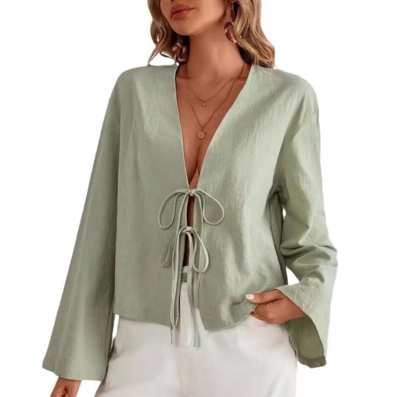 救世主流行り物 レディース トップス プルオーバー V素っ首 トップ スピード競技 Yesfashion Womens Tie Front Shirts Flare Sleeve V Neck Going Outops Casualace Up Bow Blouses Green 緑であること