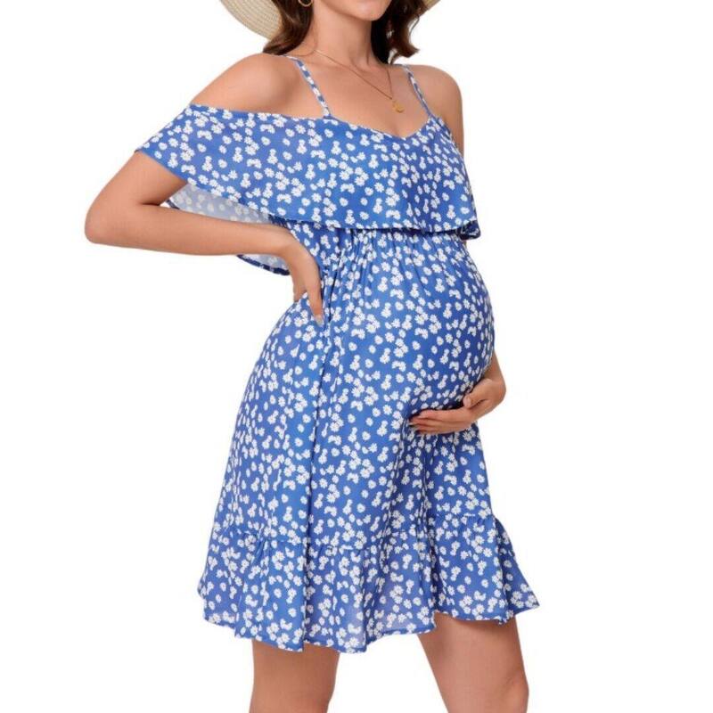 イエスファッション レディース トップス ワンピース フラワー柄 フリル マタニティ フラワー Yesfashion Floral Maternity Summer Dresshoulderuffle Floral Spaghetti Strapregnancy Dress Blue ブルー|ReVida 店