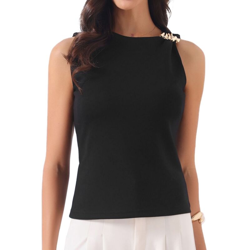 インスパイア 今めかしい レディース トップス プルオーバー か細い相応う ノースリーブ INSPIRE CHIC Sleeveless Tops for Women Summer Slim Fit Shirtshoulder Embellishments Trendy Casual Tank Top Black 黒いこと