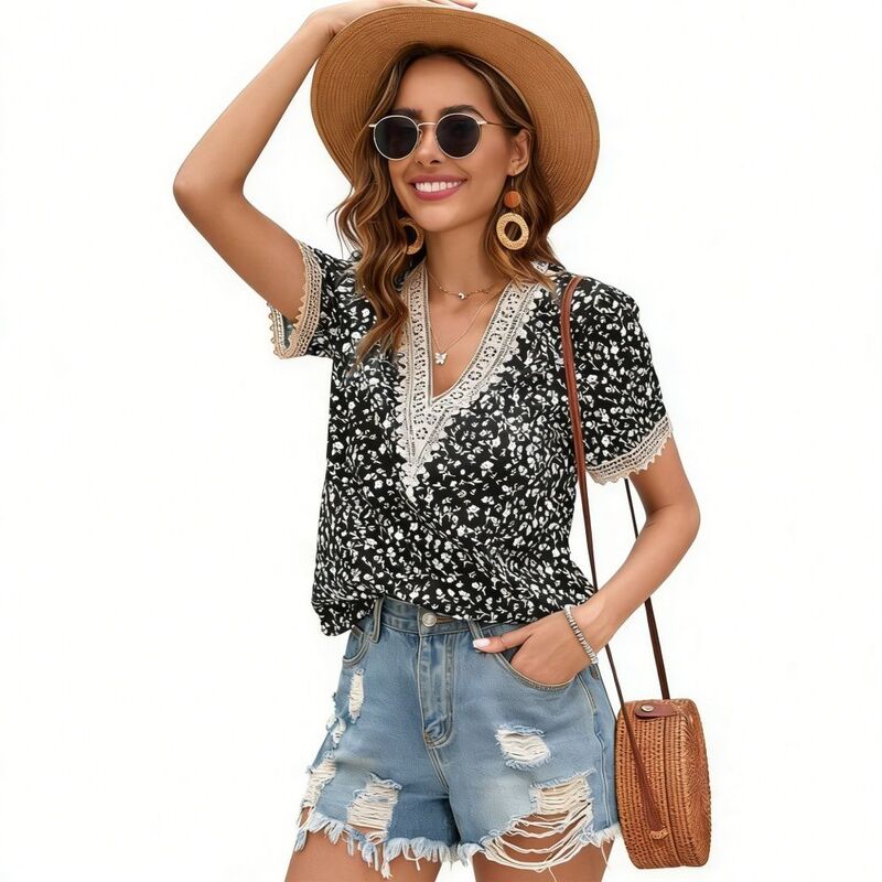 イエスファッション レディース トップス シャツ Vネック フラワー柄 ブラウス レース フラワー Yesfashion Womens Dressy Casual Short Sleeve Blouse V Neck Lace Shirts Floral Shirtsummer Tops Vacation Black ブラック|ReVida 店