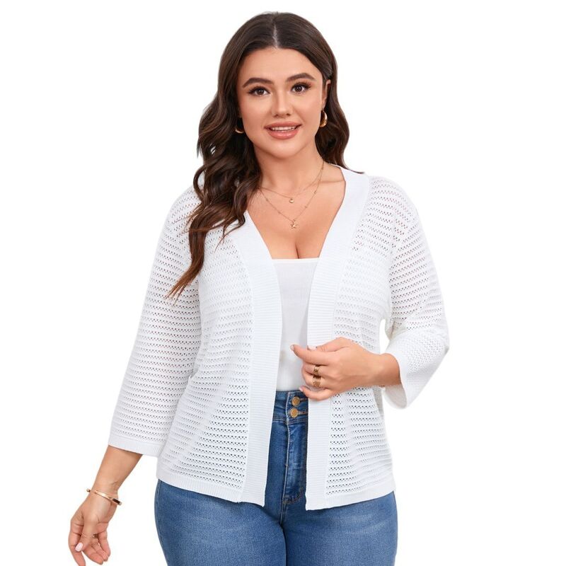 イエスファッション レディース アウター ニット・セーター プラスサイズ カーディガン Yesfashion Womens Plusize Cardigan 3/4 Length Sleeve Lightweight Casual Knitted Open Front Cardigans White ホワイト｜ReVida 店 9,926円