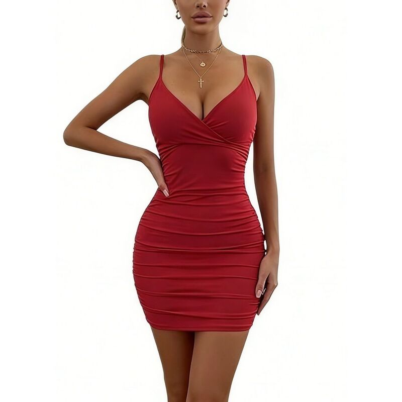 イエスファッション レディース トップス ワンピースリムフィット Vネック ミニ Yesfashion Women's Y2k Ruch Bodycon Dress Wrap V Neck Slim Fit Spaghetti Straps Mini Party Date Summer Dress Red レッド|ReVida 店