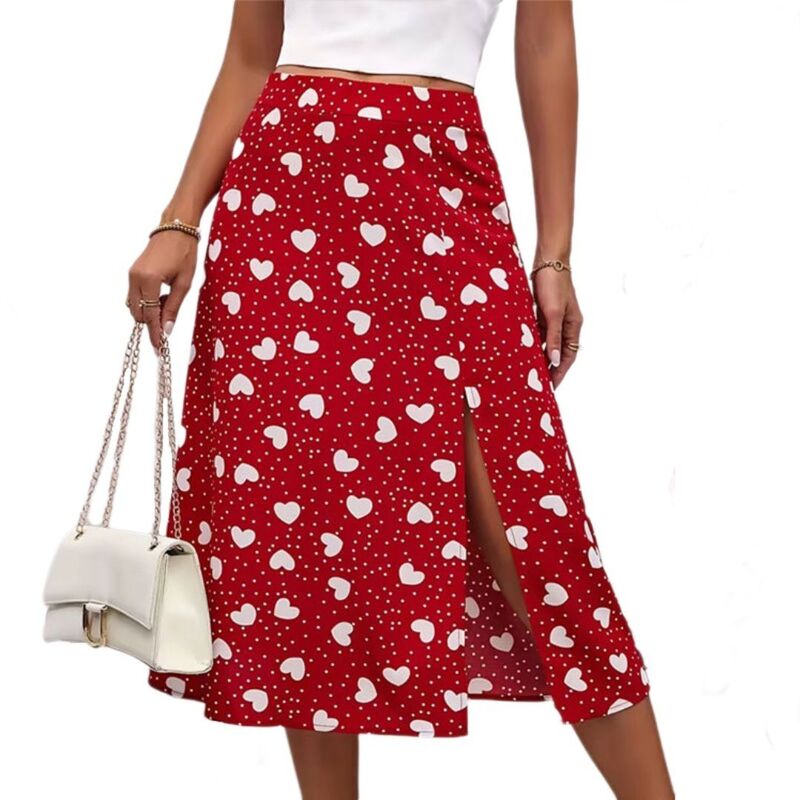 救い主流行り物 レディース 下つ方スコート 御機嫌酉の方角 刷り上げる MIDI Yesfashion Women\u0027s Boho Skirt High Waist Side Split Dot Heart Printing Summer Beach Midi Skirts Red 赤いこと