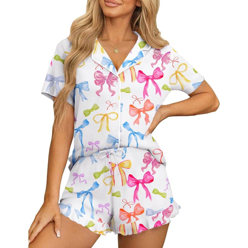 エコアー レディース アンダーウェア ナイトウェア ボタンダウン ショートパンツ ダウン Ekouaer Womens Pajama Sets Button Down Short Sleeve Top and Shorts Cute Pjsetsleepwear Colorful Bow|ReVida 店