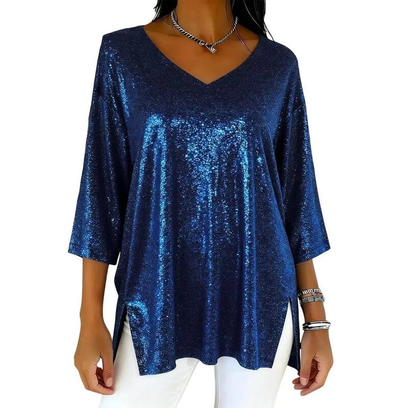 救い主流行り物 レディース トップス プルオーバー Vのど首 スパンコール トップ Yesfashion Women ’ sequin Tops Glitter V Neck Loose Summer 3/4 Sleeve Sparkly Blouses Blue 青色