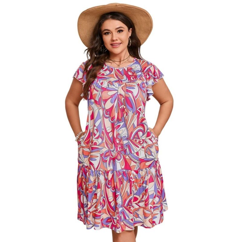 イエスファッション レディース トップス ワンピース プラスサイズ Yesfashion Womens Plusize Casual Short Sleeve Flare Loose Flowy Beach Sundress with Pockets Purple Orange オレンジ｜ReVida 店