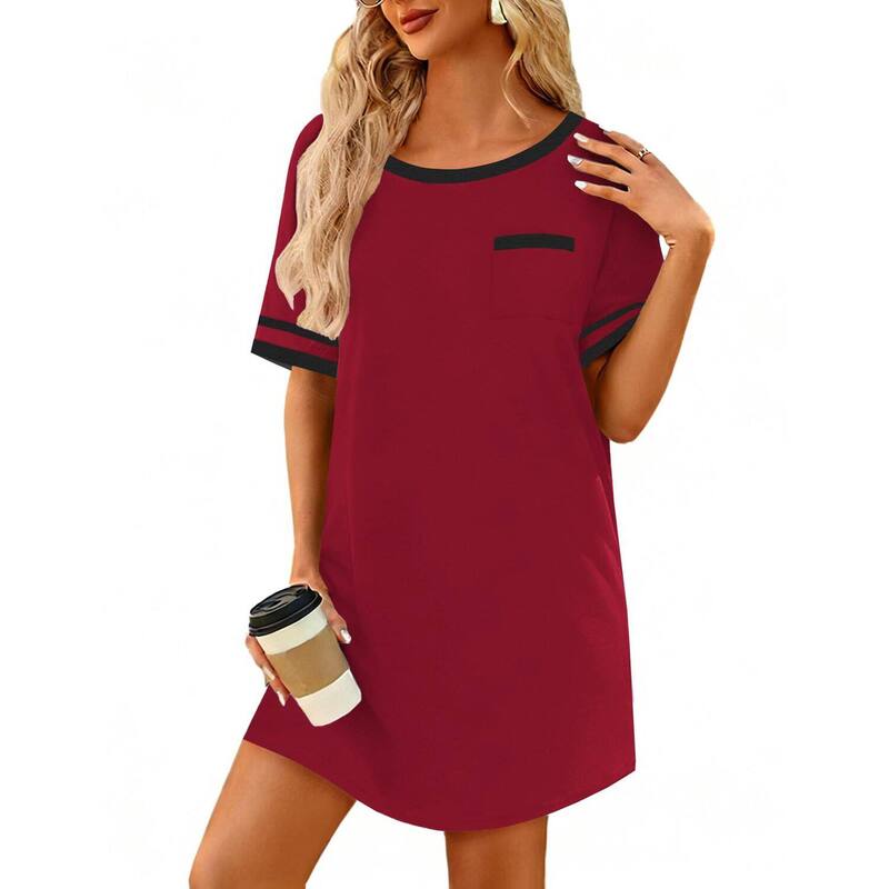 エコアー レディース アンダーウェア ナイトウェア シャツ コットン Ekouaer Womens Cottonightshirt Soft Nightshirts for Women Ladiesleep Wear with Pocket Short Wine Red レッド|ReVida 店
