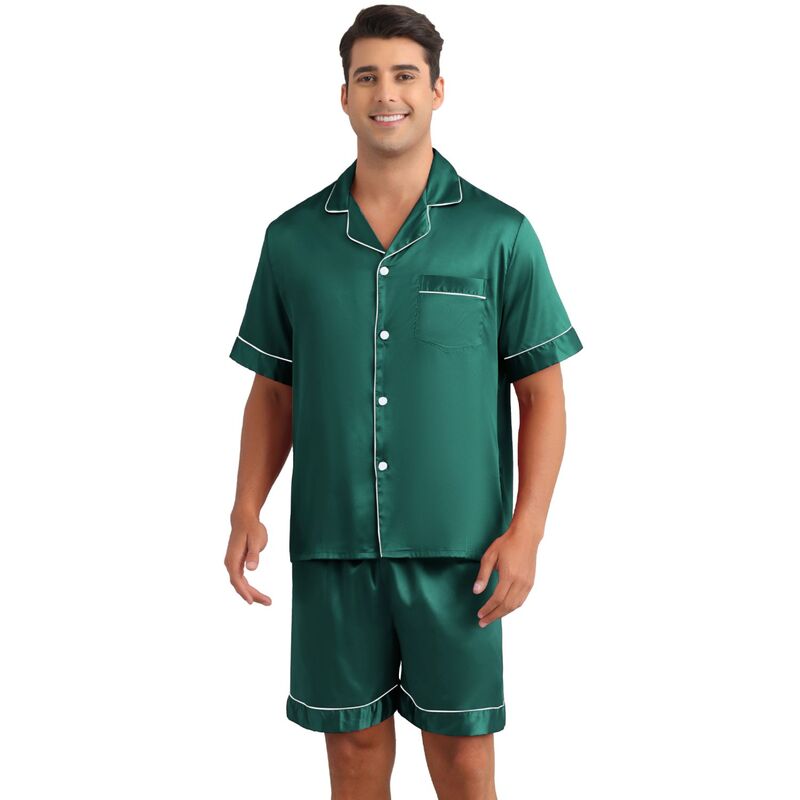 インスパイア シック レディース アンダーウェア ナイトウェア ボタンダウン ショートパンツ サテン ダウン INSPIRE CHIC Men'satin Sleepwear Short Sleeve Button Downightwear Shortsummer Pajamaset 2 Pieces Green グリーン|ReVida 店