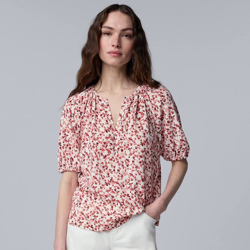 ヴェラウォン レディース トップス プルオーバー トップ Women\u0027simply Vera Wang Shirred Blouse Dark Red Micro Petals 赤いこと