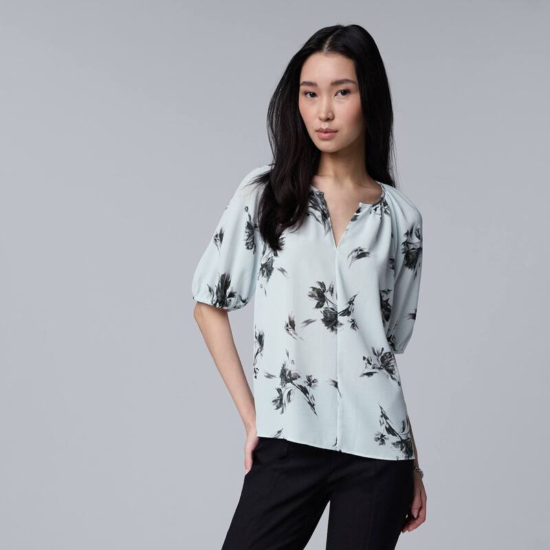 ヴェラウォン レディース トップス プルオーバー トップ Women\u0027simply Vera Wang Shirred Blouse Sm Blue Water Blooms 青み