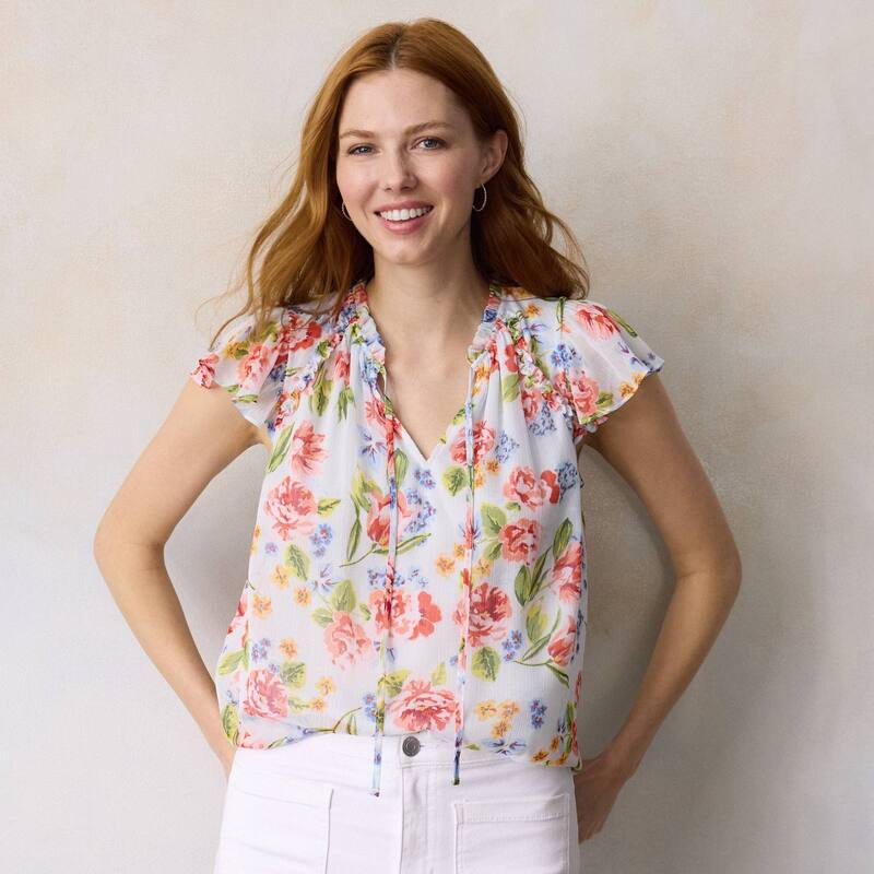 LC Lauren Conrad レディース トップス プルオーバー V素っ首 フラウンス Women\u0027s LC Lauren Conrad Ruffle V-Neck with Trim Top Blue Amalfi Garden 青み