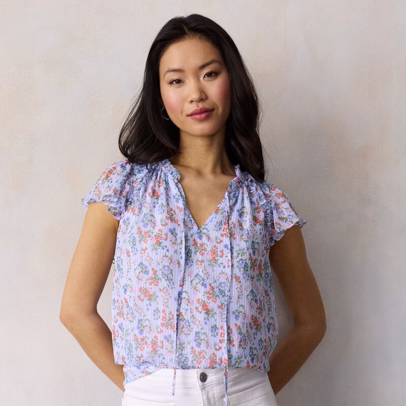 LC Lauren Conrad レディース トップス プルオーバー V素っ首 フラウンス Women\u0027s LC Lauren Conrad Ruffle V-Neck with Trim Top Lake Sammy Stripe 縞模様