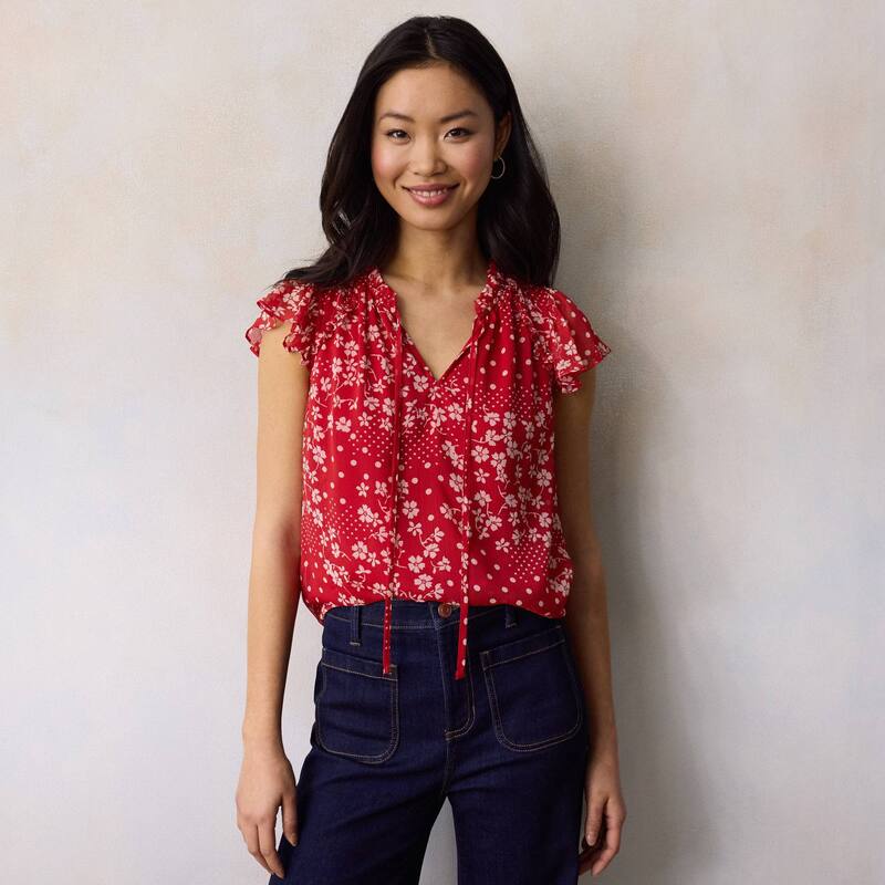 LC Lauren Conrad レディース トップス プルオーバー V素っ首 フラウンス Women\u0027s LC Lauren Conrad Ruffle V-Neck with Trim Top Red Aria Patchwork 赤いこと