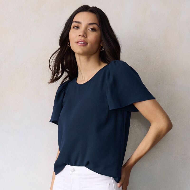 LC Lauren Conrad レディース トップス プルオーバー プチ トップ Petite LC Lauren Conrad Flutter Short Sleeve Blouse Genuine Navy 米国海軍