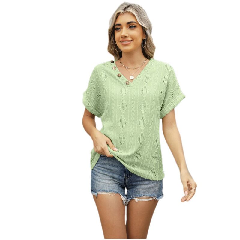救世主流行り物 レディース トップス プルオーバー V素っ首 Yesfashion Women\u0027short Sleeve V Neck Jacquard Button T-shirt Loose Hollow Top Light Green 緑であること