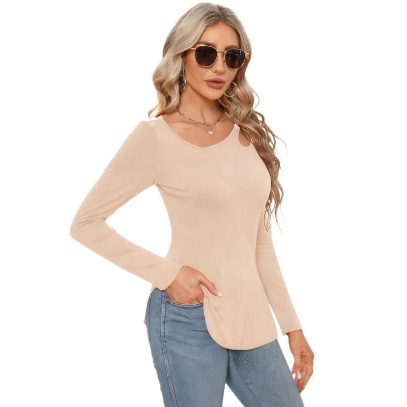 救世主流行り物 レディース トップス プルオーバー か細い相応う カットアウト 非対称 トップ Yesfashion Long Sleeve Shirt for Women Asymmetrical Hem Shoulder Cutout Y2K Side Split Stretchy Slim Fit Blouse Beige ベージュ
