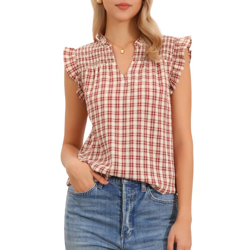 インスパイア 今めかしい レディース トップス プルオーバー V素っ首 フラウンス ノースリーブ シャーリング トップ INSPIRE CHIC Womens Tank Tops Plaid Ruffle Sleeve Smocked V Neck Cute Sleeveless Blouse Red 赤いこと