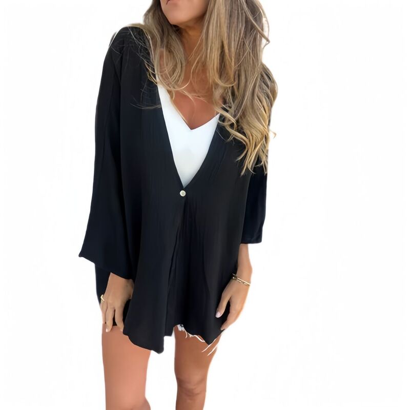 救世主流行り物 レディース トップス プルオーバー V素っ首 midi 厚地の外套 Yesfashion Women\u0027s Deep V Neck Midi Long Sleeve Loose Open Front Shirtsoft Solid Coats Black 黒いこと
