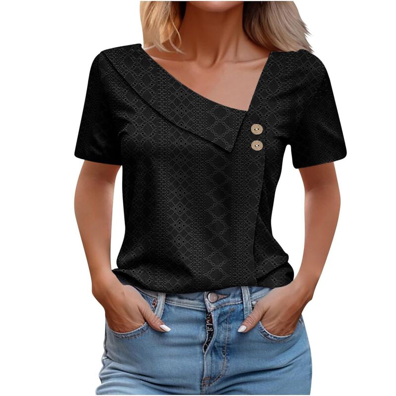 救世主流行り物 レディース トップス プルオーバー 非対称 トップ Yesfashion Women Trendy Casual Boho Short Sleeve Shirts Asymmetric Neckline Pullover Button Blouses Tshirts Black 黒いこと