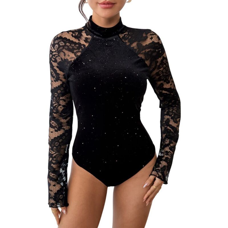 イエスファッション レディース トップス Tシャツ タートルネック シアー ボディースーツ レース Yesfashion Womens Long Sleeve Body Suits Tummy Control Sheer Top Turtleneck Lace Shapewear Bodysuit Black ブラック｜ReVida 店