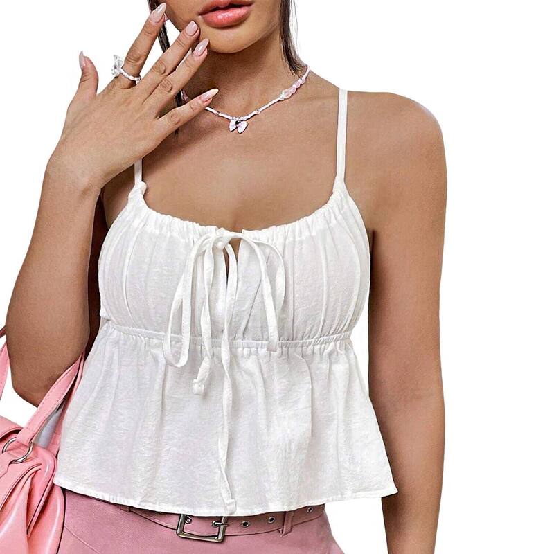 読みやすい御花 レディース トップス プルオーバー ClearFlower Women\u0027square Neck Adjustable Spaghetti Strap Tie Front Peplum Crop Top White 白いこと