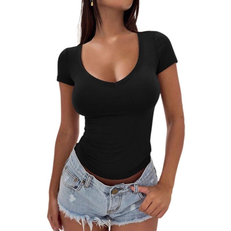 救世主流行り物 レディース トップス プルオーバー か細い相応う V素っ首 肋筋 Yesfashion Short Sleeve Shirts for Women Y2K V Neck Ribbed Tshirtslim Fit Summer Going Out Basic Tees Black 黒いこと