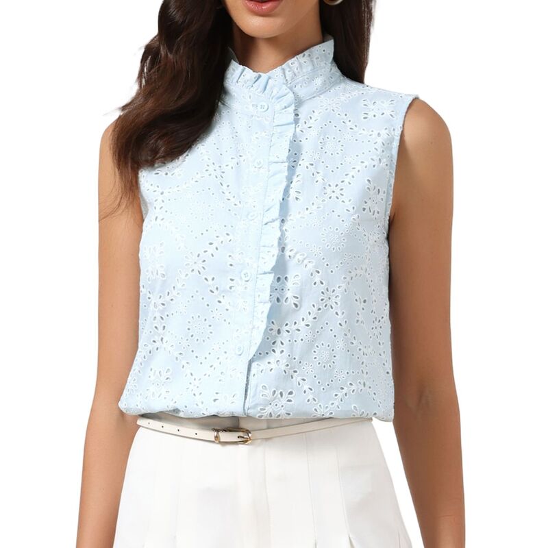 インスパイア 今めかしい レディース トップス プルオーバー 御花柄 ノースリーブ 刺しゅう 御花 INSPIRE CHIC Eyeletops for Women Summer Hollow Out Crochet Floral Embroidered Sleeveless Tank Top Light Blue 青み