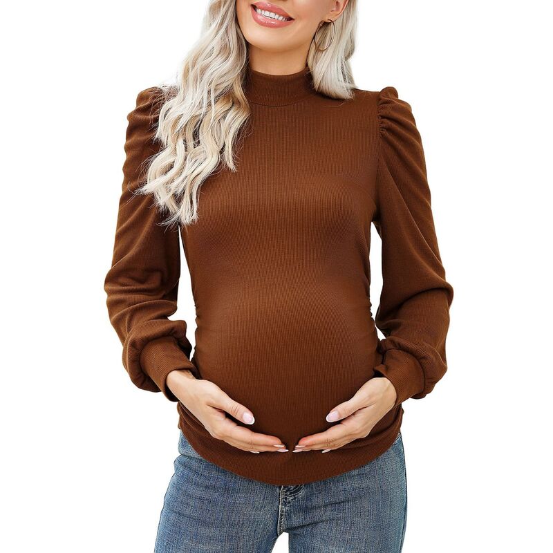 セオリア レディース トップス プルオーバー モックネック ギャザー 肋筋 編み物 マタニティ Seoria Women\u0027s Knit Ribbed Maternity Top Mock Neck Long Sleeve Shirts Pregnant Ruched Tunic Pullover Brown 赤銅色